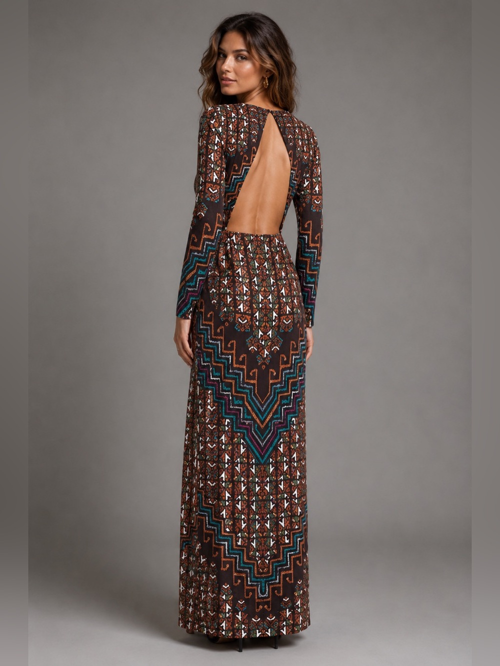 Mara Hoffman Brown Geometric Backless Long Sleeve Maxi Dress